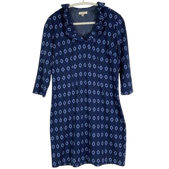 Tyler Boe Women's Blue Print Shift Ruffle Neck Dress, small - Picture 1 of 9